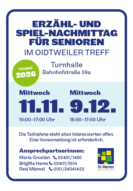 Erzähl- und Spielnachmittage für Senioren im Oidtweiler Treff am 11.11. und 9.12.26