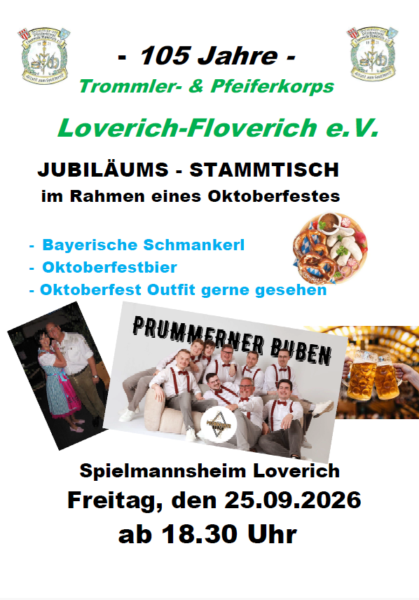 Jubiläums-Stammtisch am 25.09.26 ab 18.30  Uhr im Spielmannsheim Loverich